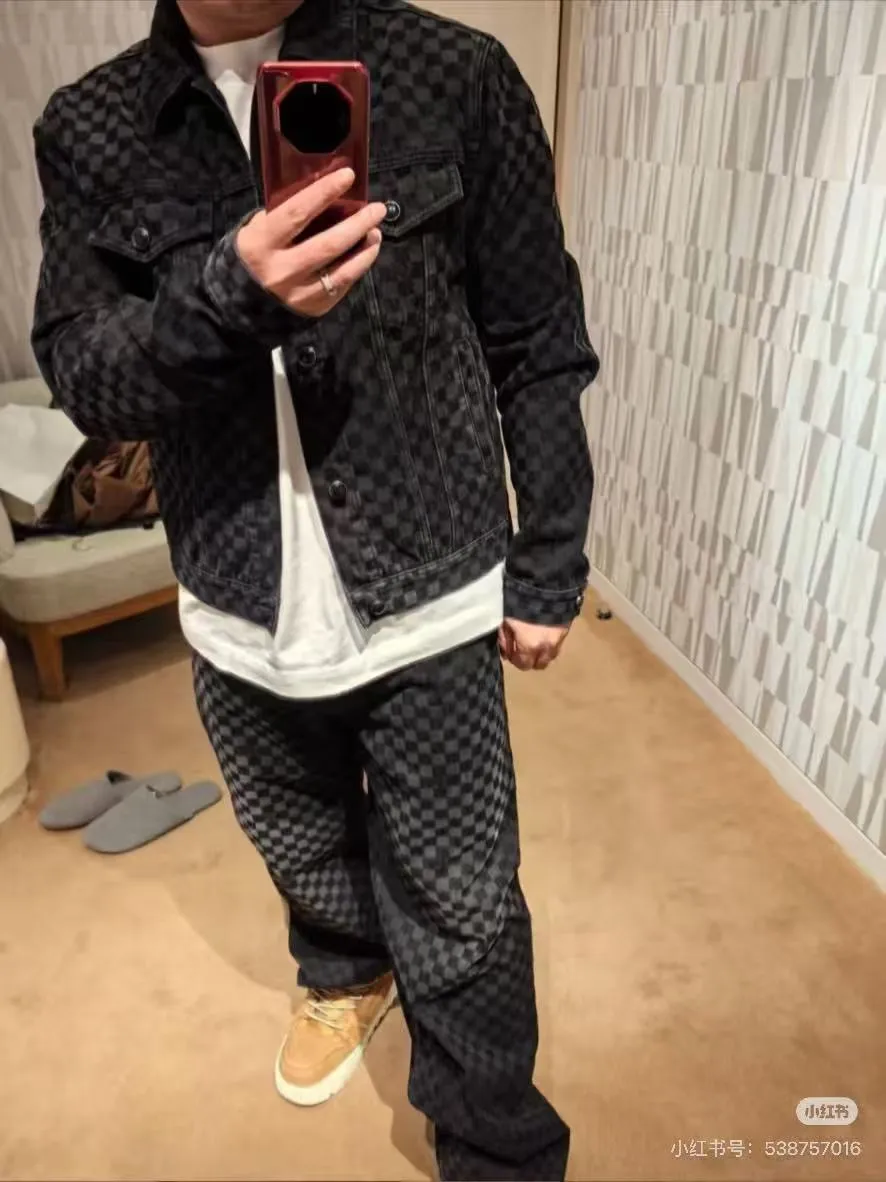 Louis Vuitton/Louis Vuitton Mosaic Flocked Checkered Spliced Denim Jacket